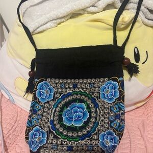 Embroidered Floral Black and Blue Women's Bag